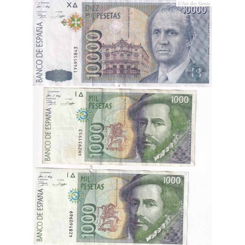 BilletS ESPAGNE 10000 PESETAS 1992 n° 1Y4915843 + 2X 1000 PTS- lartdesgents.fr