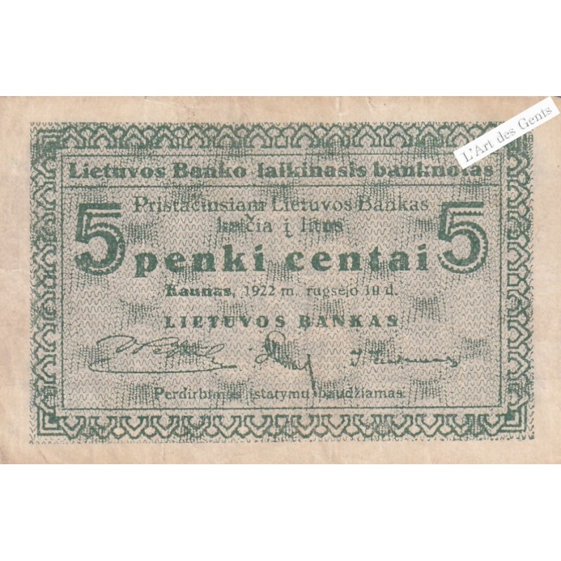 BILLET LITHUANIE 5 CENTAI 1922 SERIJA F PICK 2a GRADE VF