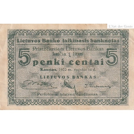 BILLET LITHUANIE 5 CENTAI 1922,  PICK 2a GRADE XF