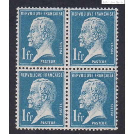 Bloc de 4 timbres n°179 1f. bleu Pasteur Neufs** Signés lartdesgents.fr