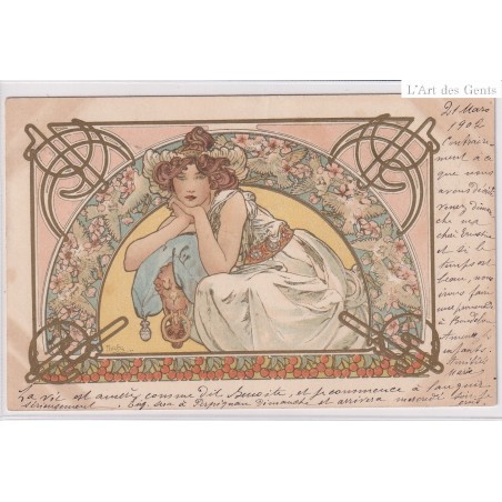 rare CPA Alphonse Mucha, Fleur de cerisier.