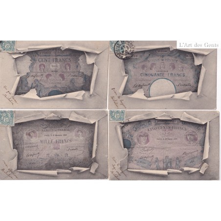 lot de 4 cartes - billets 50, 100, 500 et 1000 Francs Bleu et rose D002