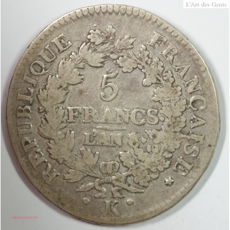 Union et Force, 5 Francs An 8/7 K, TB25, F.295/9, lartdesgents.fr