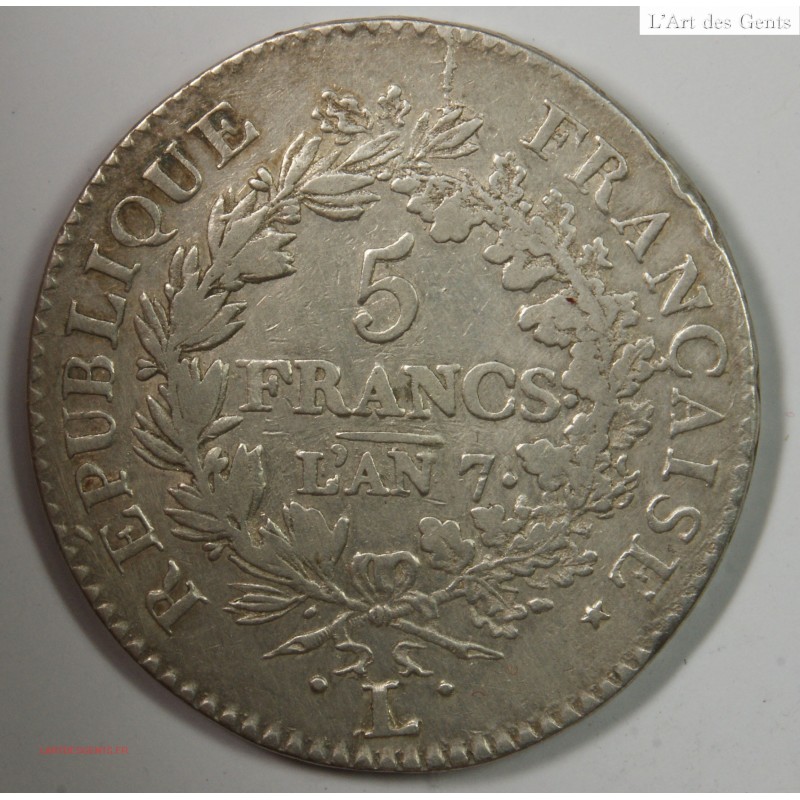 Union et Force, 5 Francs An 7L/A, TTB40, F.291/15, lartdesgents.fr