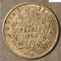 5 Francs or 1854 A Paris Napoléon III tête nue, petit module, lartdesgents.fr