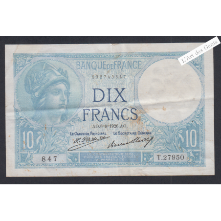 Billet France 10 Francs Minerve 8-9-1926 alphabet C.27950 TTB+ lartdesgents