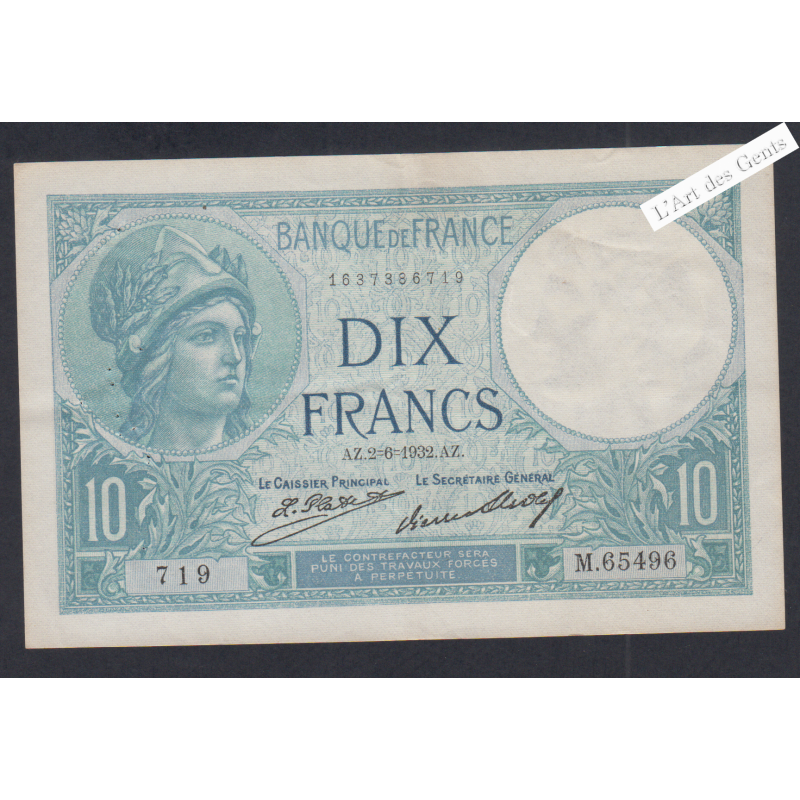 Billet France 10 Francs Minerve 2-6-1932 alphabet M.65496 719 TTB+