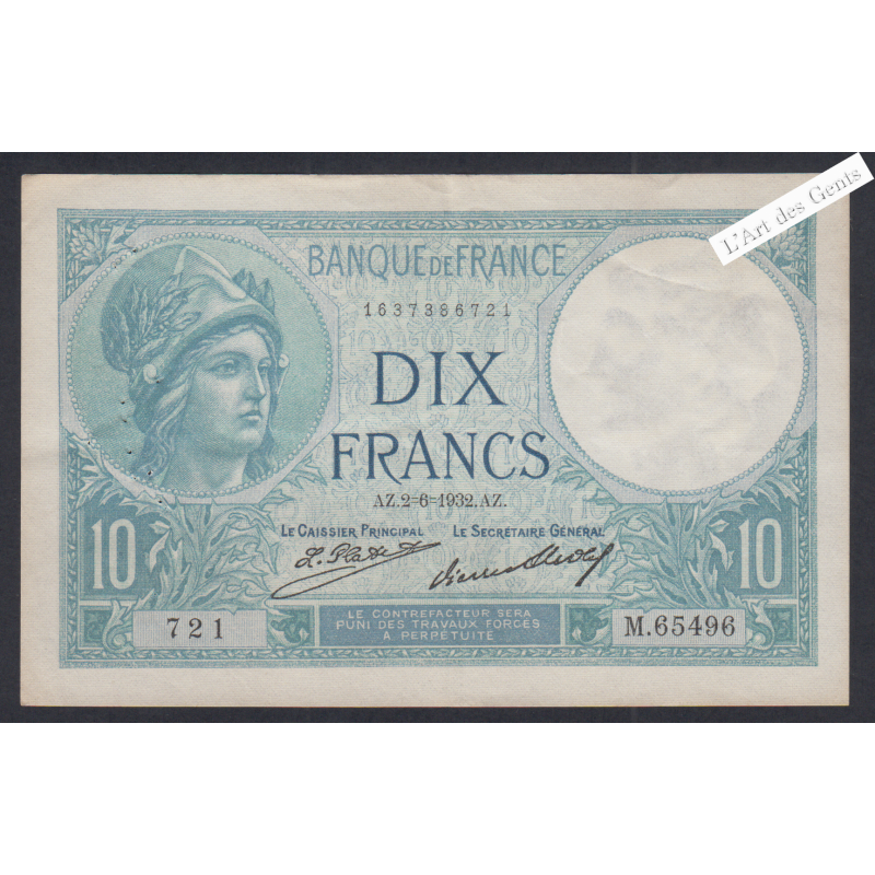 Billet France 10 Francs Minerve 2-6-1932 alphabet M.65496 721 TTB+ lartdesgents