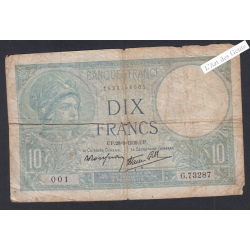 Billet France 10 Francs Minerve 28-9-1939 alphabet G.73287 001 B+ lartdesgents