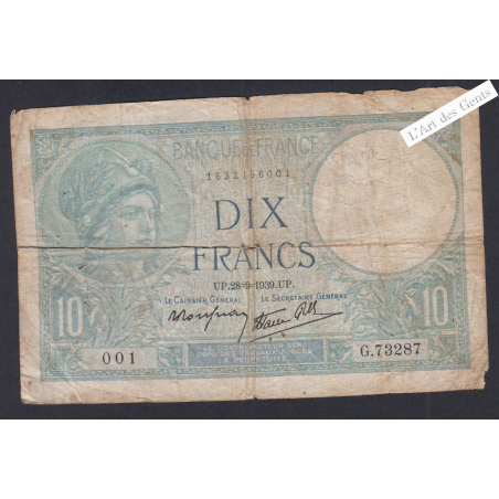 Billet France 10 Francs Minerve 28-9-1939 alphabet G.73287 001 B+ lartdesgents