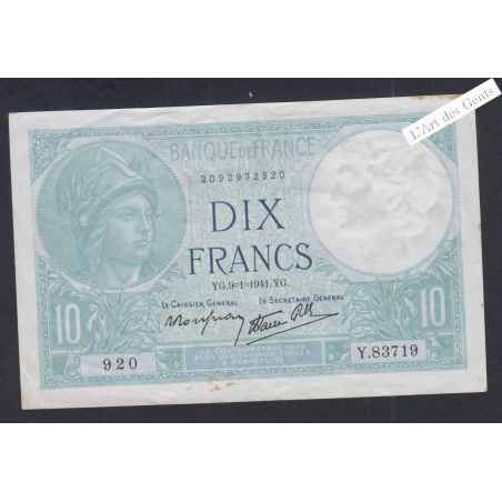 Billet France 10 Francs Minerve 9-1-1941 alphabet Y.83719 TTB+ lartdesgents