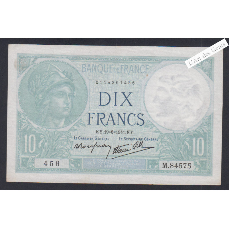 Billet France 10 Francs Minerve 19-06-1941 alphabet M.84575 SUP+ lartdesgents