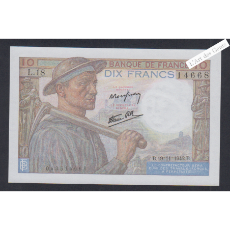 Billet France 10 Francs Mineur 19-11-1942 Neuf Fay 08-5 alp-L.18 14668 lartdesgents