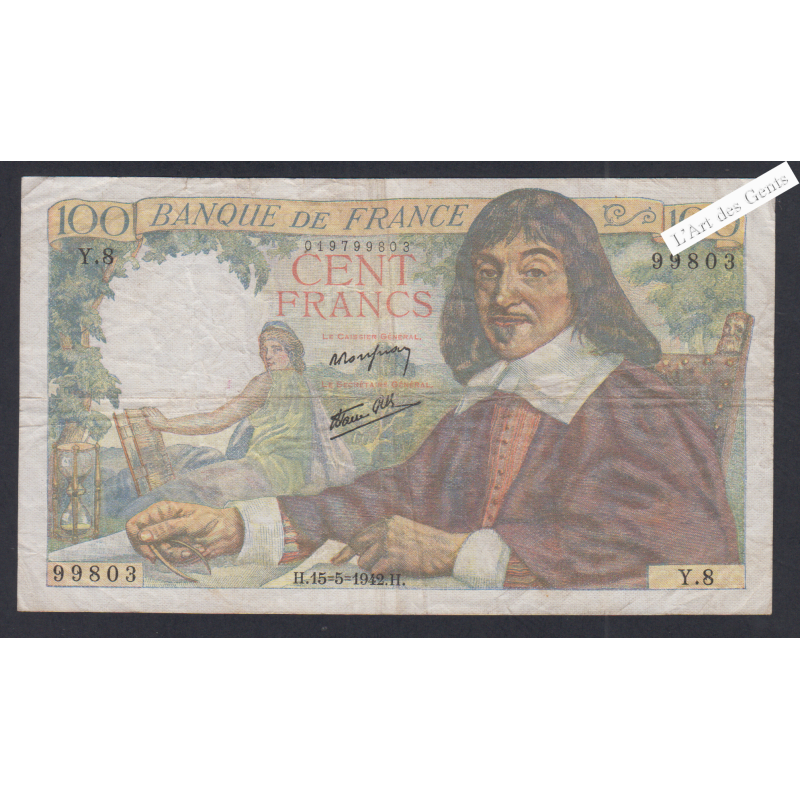 Billet France 100 Francs Descartes 15-5-1942  alphabet Y.8 TB+ lartdesgents