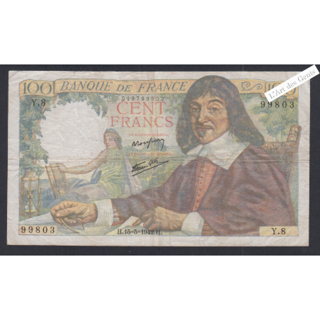 Billet France 100 Francs Descartes 15-5-1942  alphabet Y.8 TB+ lartdesgents