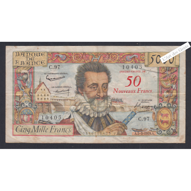 Billet France 50 NF sur 5000 Francs Henri IV 5-3-1959  alp C.97 TTB lartdesgents