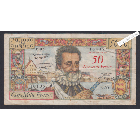 Billet France 50 NF sur 5000 Francs Henri IV 5-3-1959  alp C.97 TTB lartdesgents