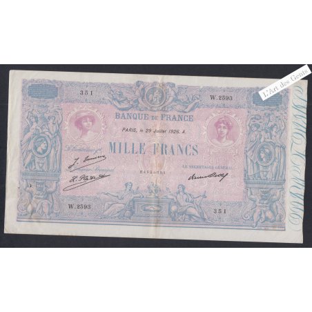 Billet France 1000 Francs Bleu et Rose 29-06-1926 alphabet W.2593 TTB lartdesgents