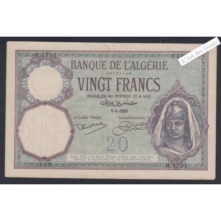 Billet ALGERIE 20 Francs SUP 18-4-1925 n°H.1751 148, lartdesgents.fr