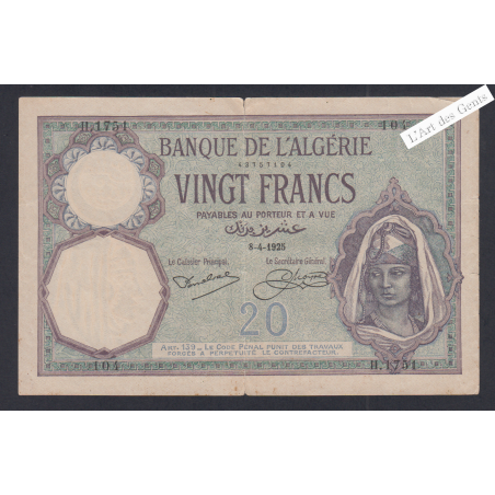 Billet ALGERIE 20 Francs TTB 8-4-1925 n°H.1751 104, lartdesgents.fr