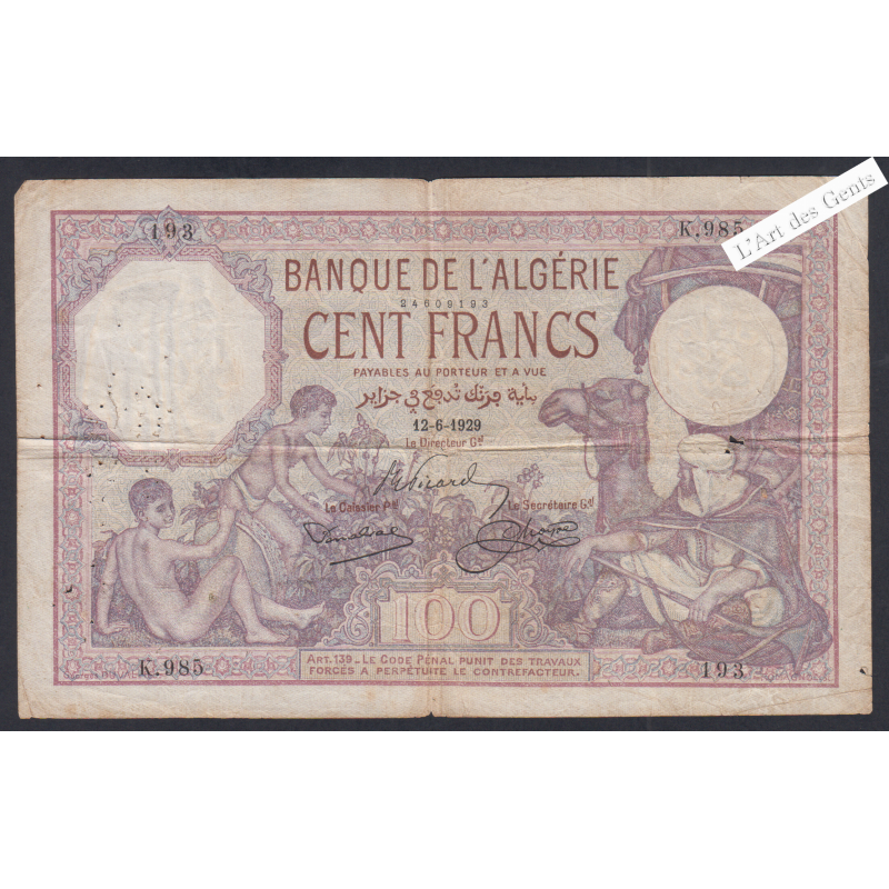 Billet ALGERIE 100 Francs TB 12-6-1929 n°K.985 193, lartdesgents.fr