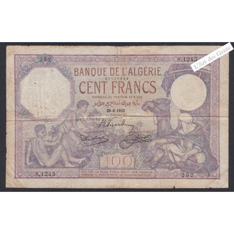 Billet ALGERIE 100 Francs TB 28-6-1933 n°S.1245 232, lartdesgents.fr