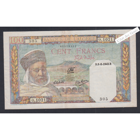 Billet ALGERIE 100 Francs SUP 9-6-1942 n°O.1021 305, lartdesgents.fr