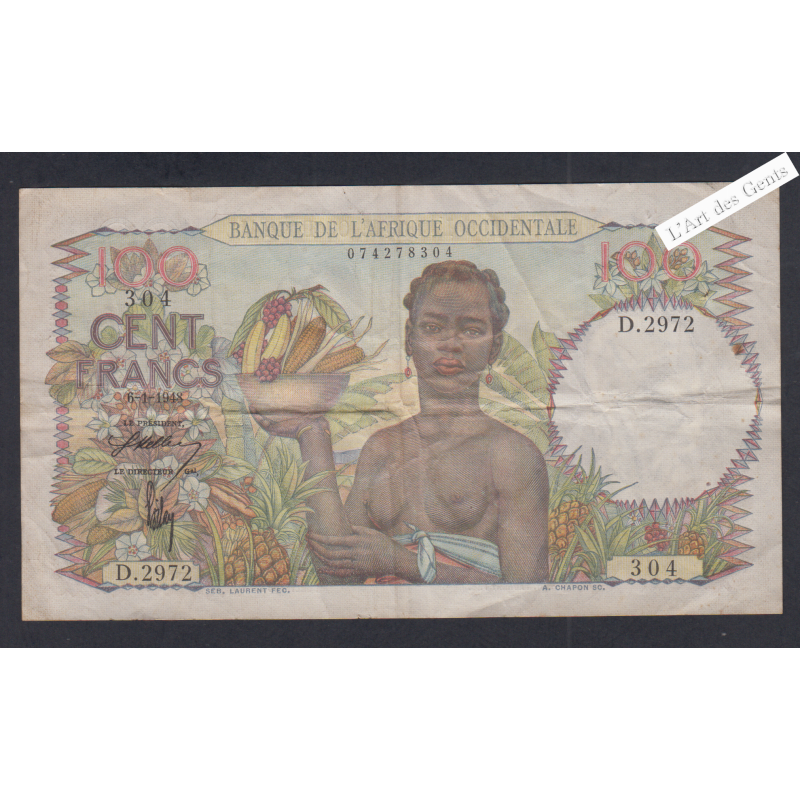 Billet AFRIQUE OCCIDENTALE 100 Francs TTB 6-1-1948 n°D.2972 304 lartdesgents.fr