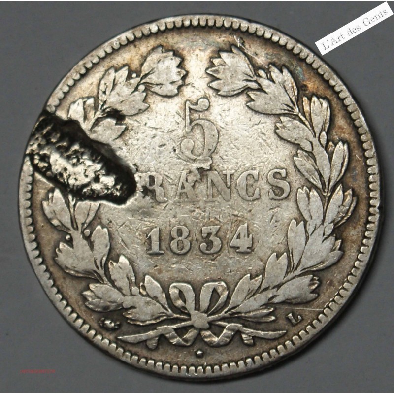 FAUTEE 5 Francs 1834 L DEBRIS INTERPOSES TB, lartdesgents.fr