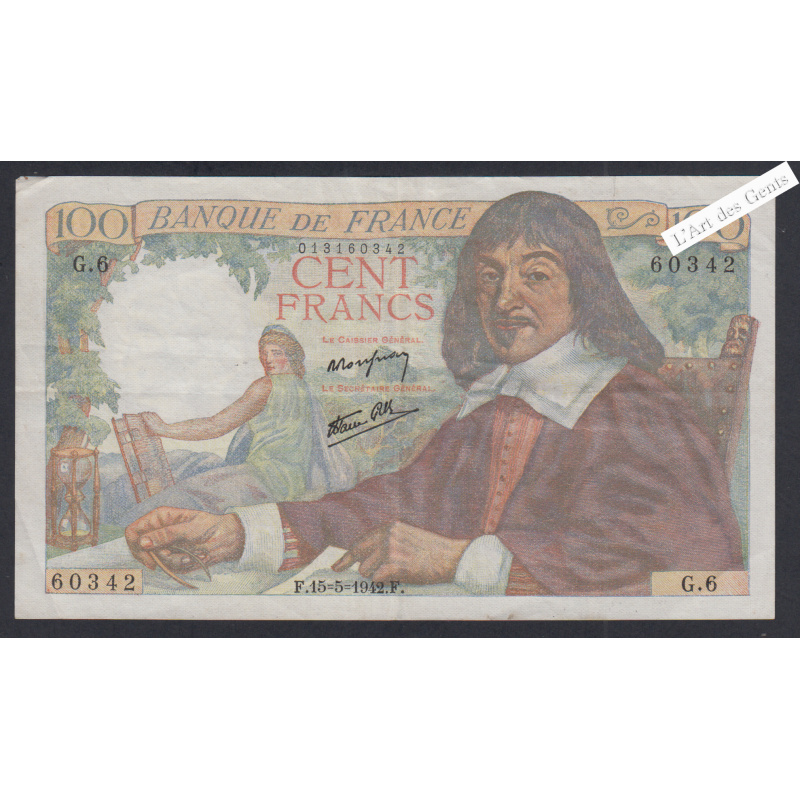 Billet France 100 Francs Descartes 15-5-1942  alphabet G.6 60342 TTB+ lartdesgents