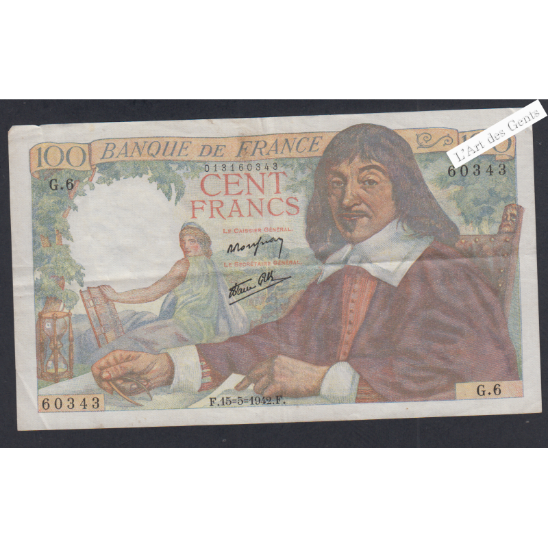 Billet France 100 Francs Descartes 15-5-1942  alphabet G.6 60343 TTB+ lartdesgents