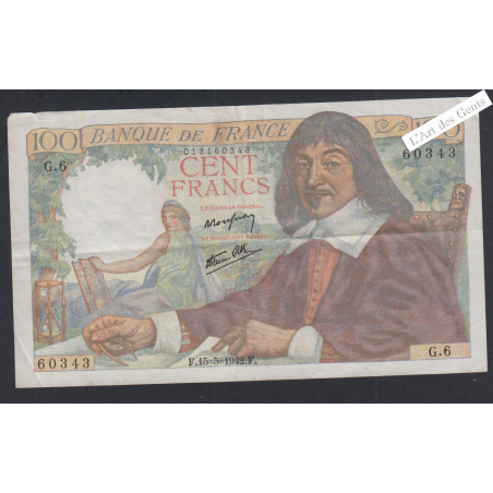 Billet France 100 Francs Descartes 15-5-1942  alphabet G.6 60343 TTB+ lartdesgents