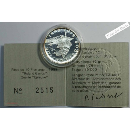 BE 10 Francs 1988 ARGENT ROLAND GARROS, lartdesgents.fr