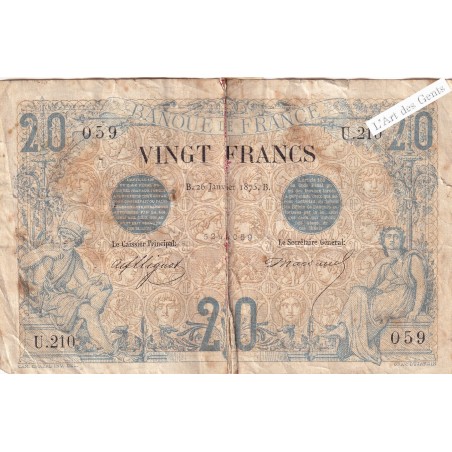 Billet 20 Francs noir B+ 26-01-1875 n° U.210 059, lartdesgents.fr
