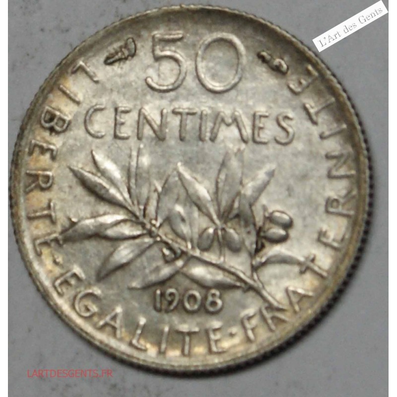 50 centimes 1908 Semeuse Superbe cote 60€, lartdesgents.fr