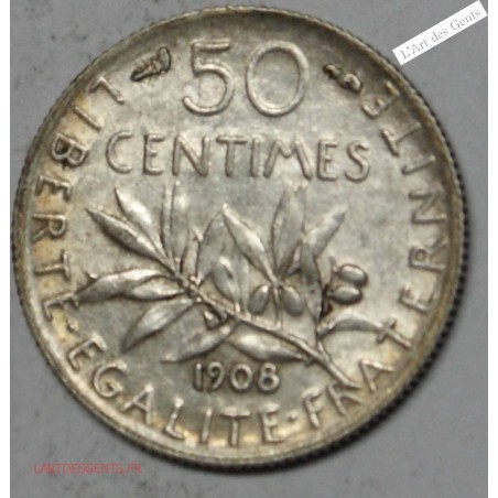 50 centimes 1908 Semeuse Superbe cote 60€, lartdesgents.fr