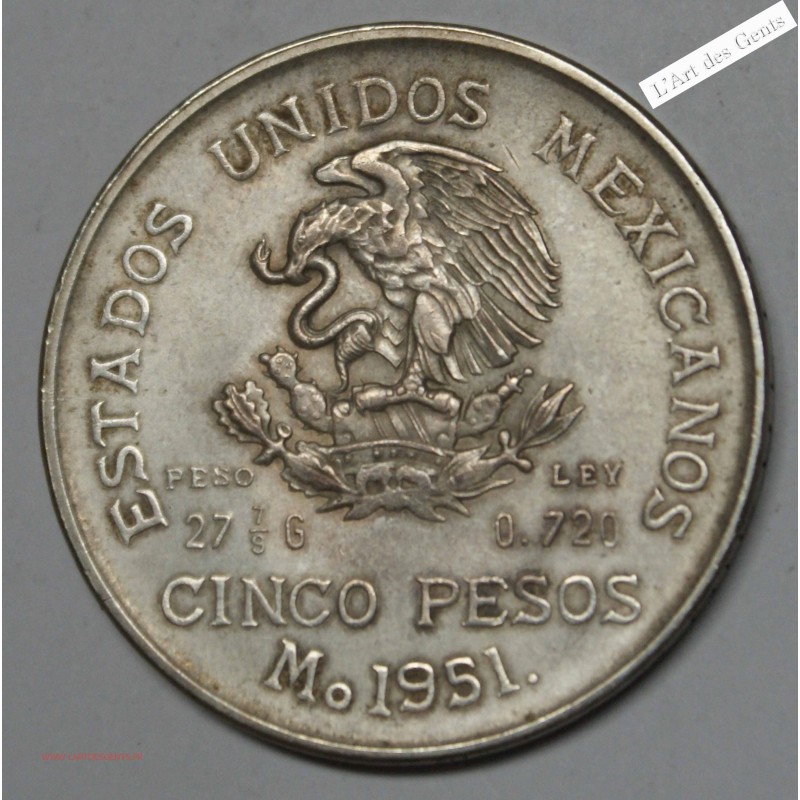 1951 Mexico 5 Pesos Silver Coin – .720 Silver, lartdesgents.fr