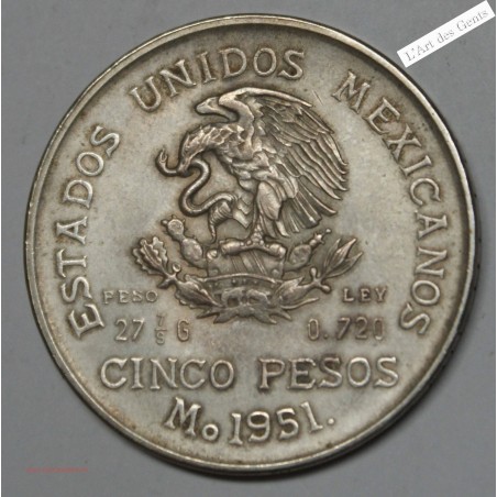 1951 Mexico 5 Pesos Silver Coin – .720 Silver, lartdesgents.fr