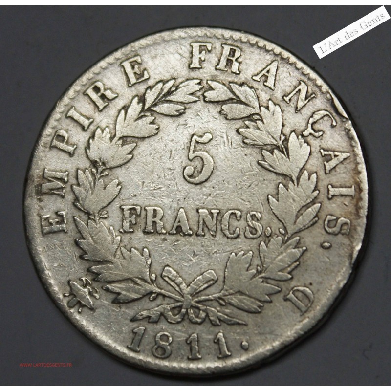 5 francs 1811 D LYON NAPOLEON EMPEREUR , lartdesgents.fr