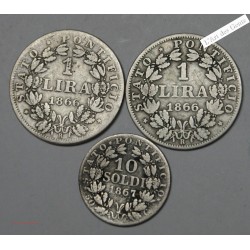2X 1 lira 1866, 10 soldi 1867,PIUS IX, lartdesgents.fr