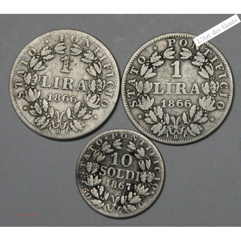 2X 1 lira 1866, 10 soldi 1867,PIUS IX, lartdesgents.fr