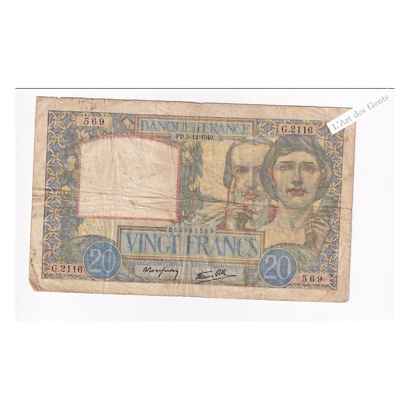 20 Francs Science et Travail 8-5-1941 – France  , lartdesgents.fr