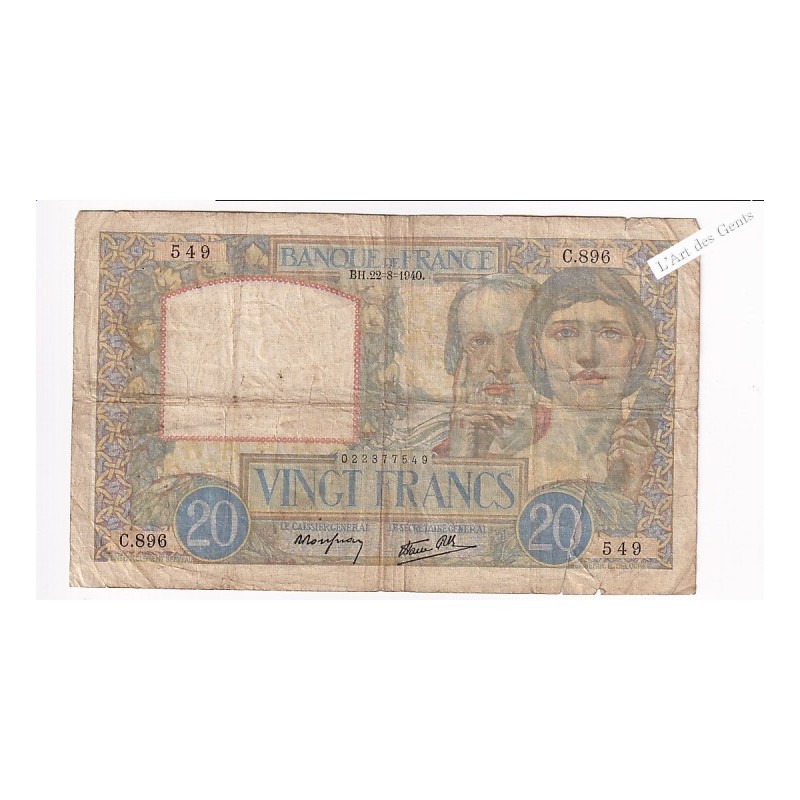 20 Francs Science et Travail 22-8-1940 – France  , lartdesgents.fr