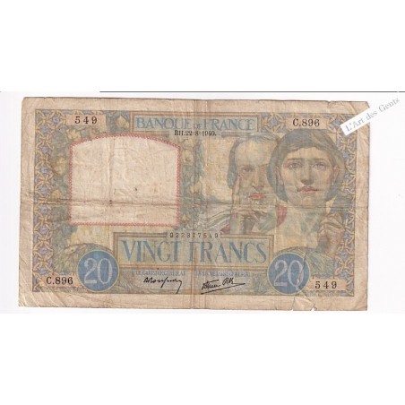 20 Francs Science et Travail 22-8-1940 – France  , lartdesgents.fr