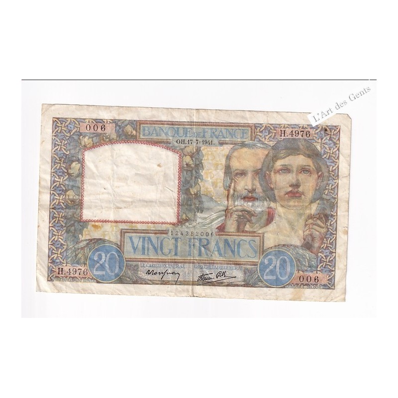 20 Francs Science et Travail 17-7-1941– France  , lartdesgents.fr