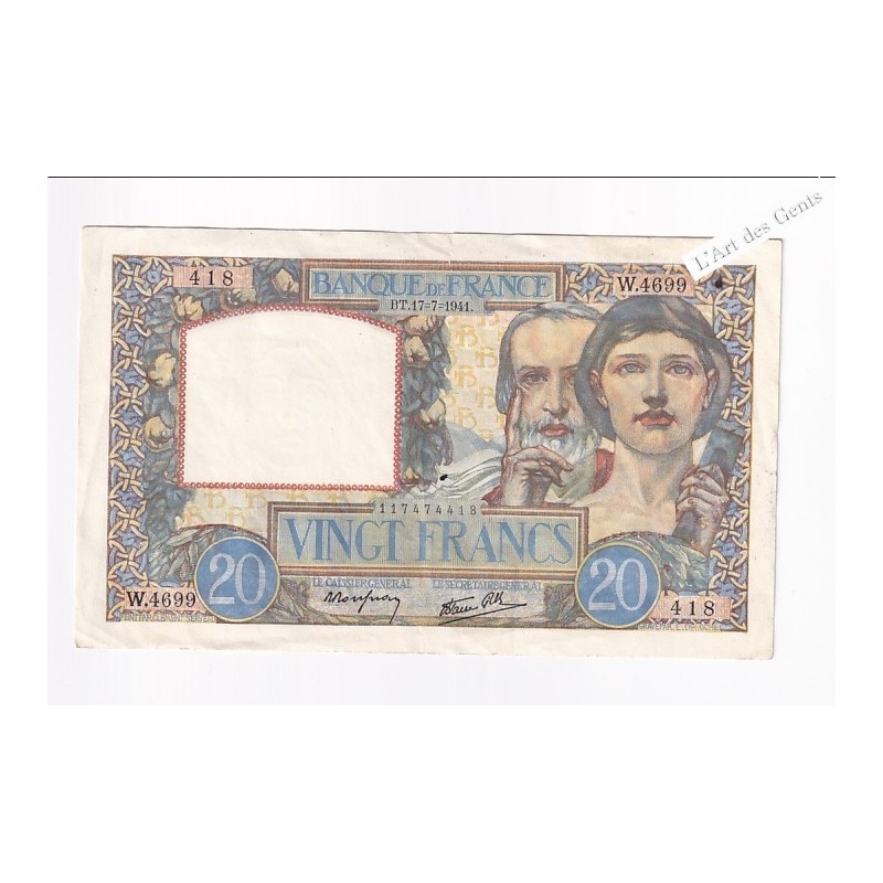 20 Francs Science et Travail 17-7-1941– France  , lartdesgents.fr