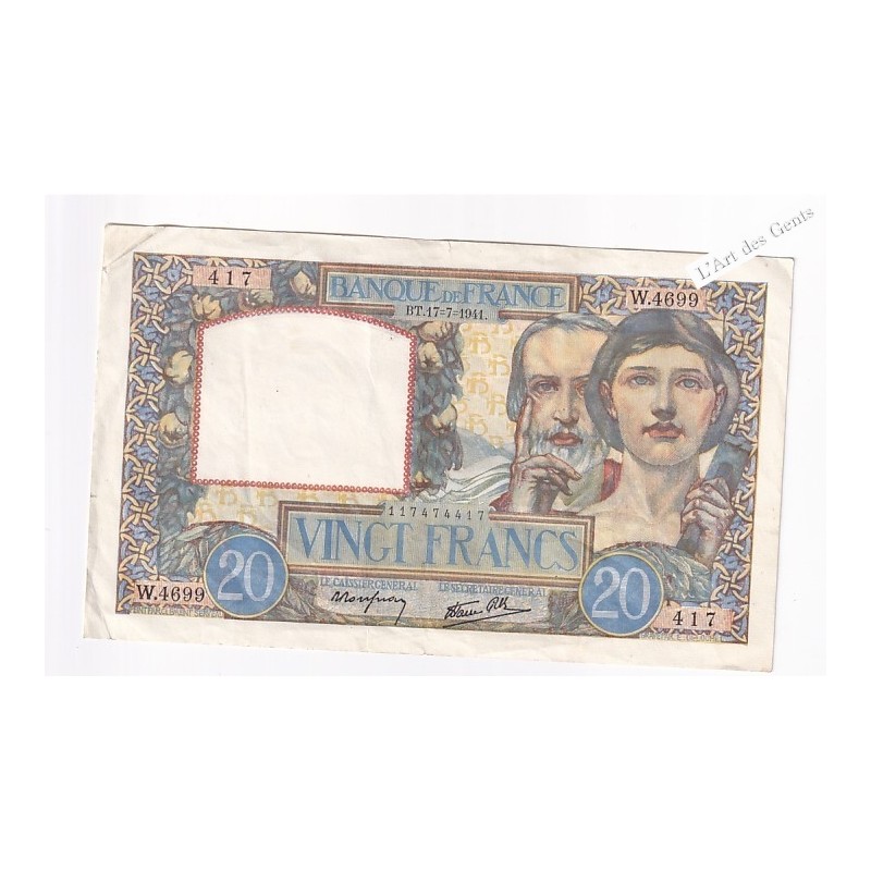 20 Francs Science et Travail 17-7-1941– France  , lartdesgents.fr