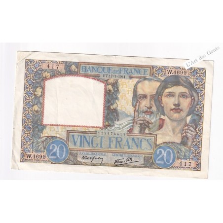 20 Francs Science et Travail 17-7-1941– France  , lartdesgents.fr