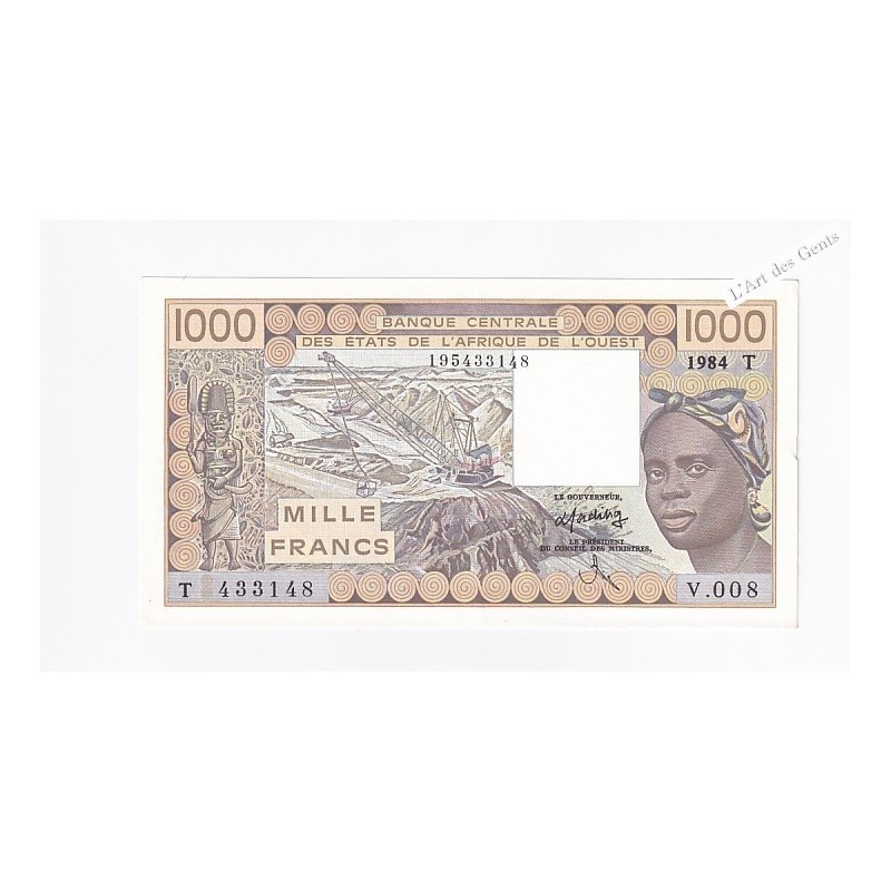 TOGO 1000 francs 1984 N° V.008 433148 BCEAO P807Td, lartdesgents.fr