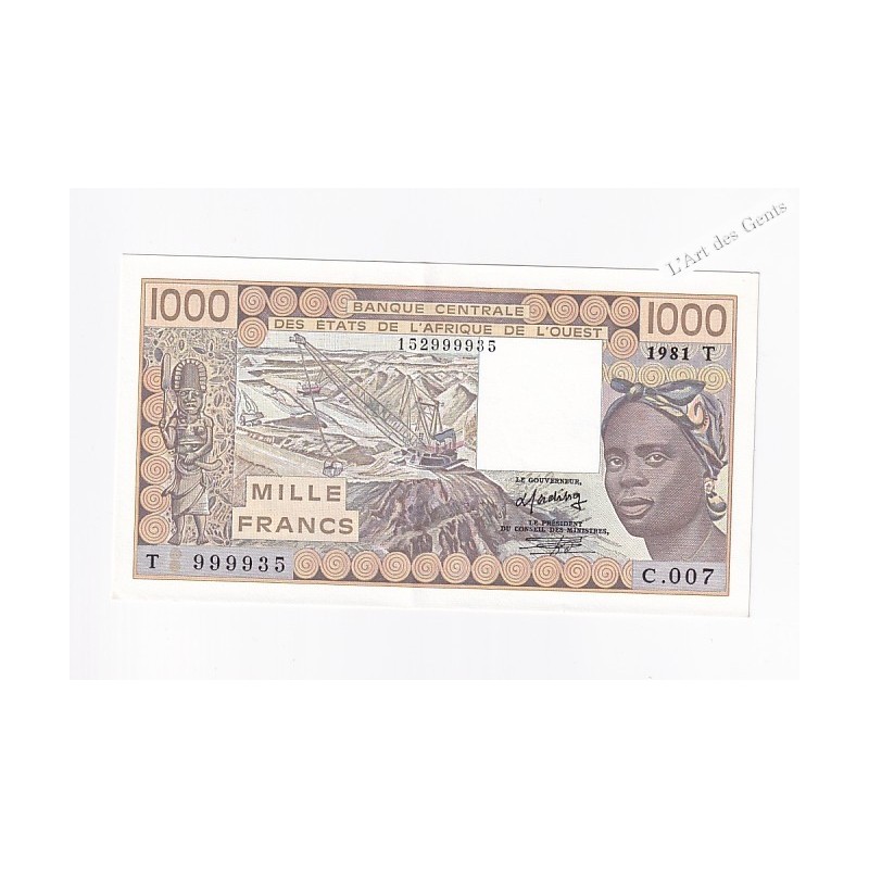TOGO 1000 francs 1981 N° C.007 999935 BCEAO P807Tb, lartdesgents.fr